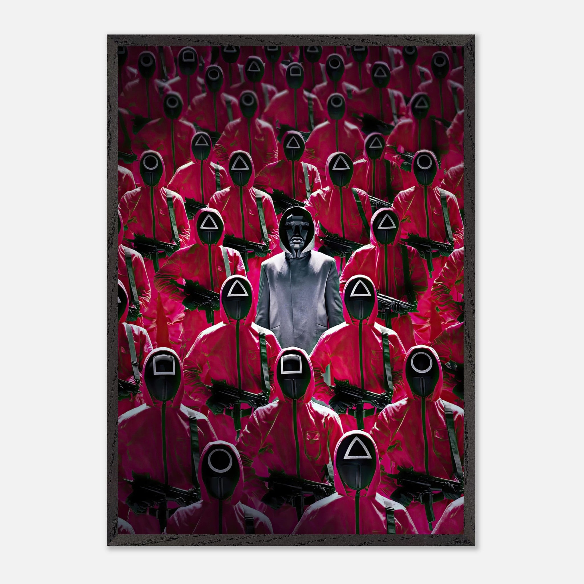 Squid Game Guards fine art print featuring iconic pink-clad guards and the Front Man in striking detail.