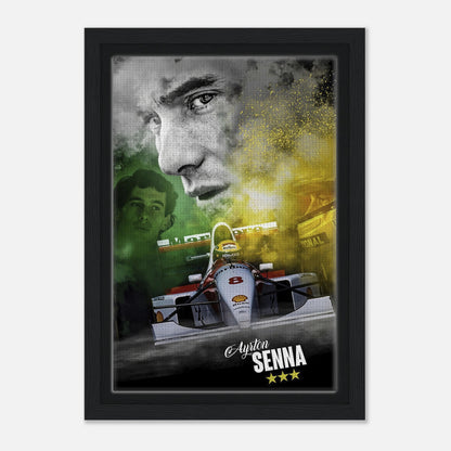 Ayrton Senna framed canvas print showcasing his legendary presence in Formula 1 with vibrant colors and intricate details.