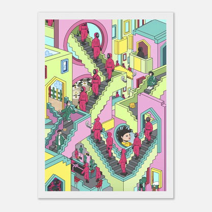 Squid Game Stairs Framed Print featuring a vibrant, surreal staircase scene with faceless guards and pastel colors.