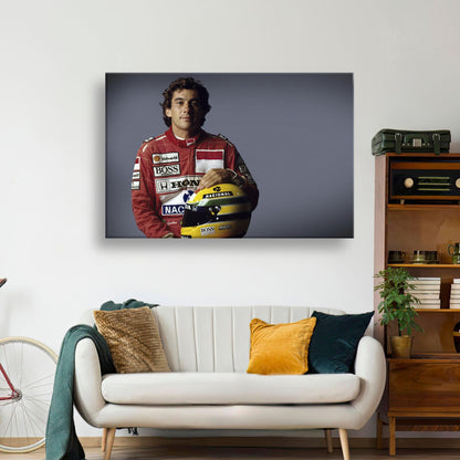 Ayrton Senna canvas print featuring the legendary racer in red racing suit holding his helmet, perfect for wall decor.