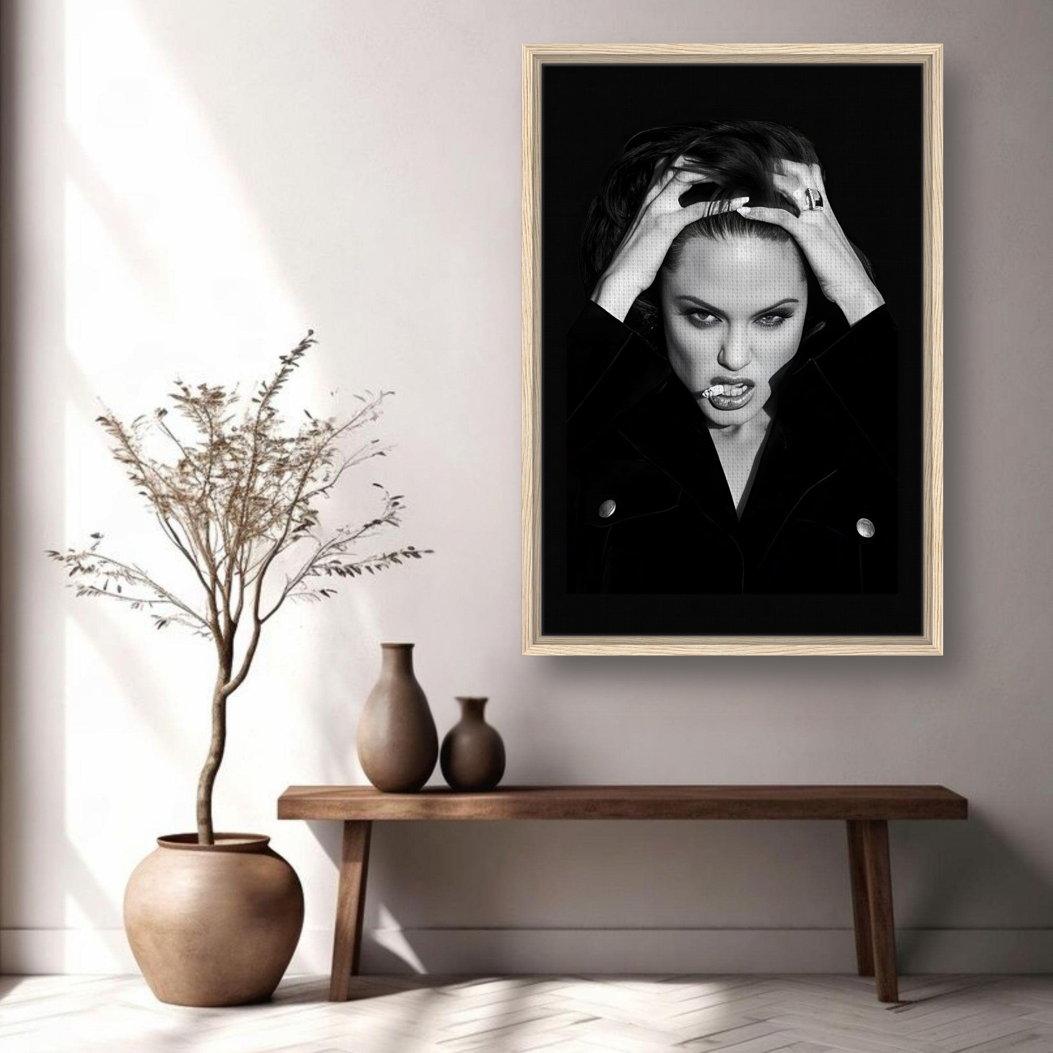 Angelina Jolie Smoking framed canvas print displayed in modern living room decor with stylish furnishings.