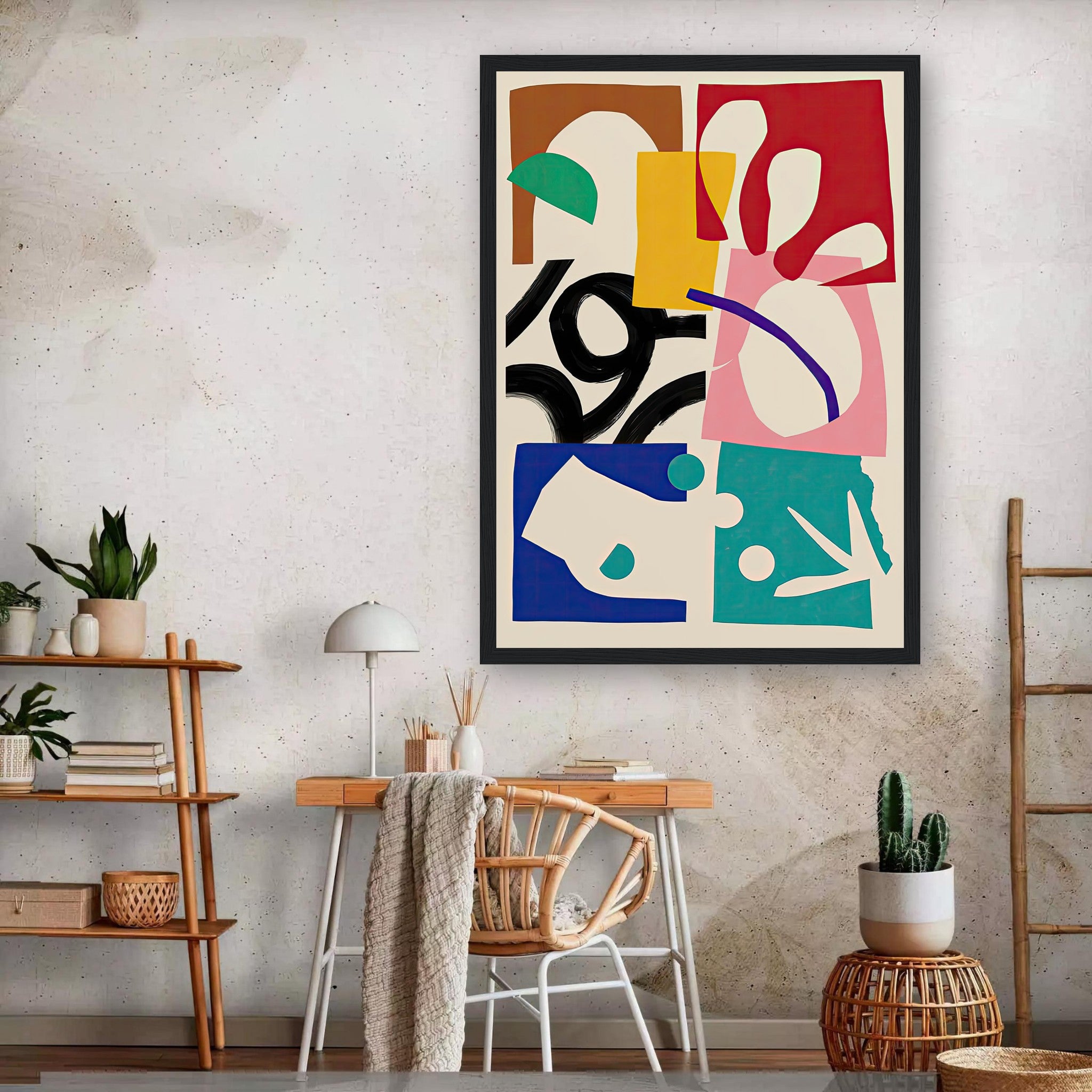 Abstract Harmony Framed Print in a modern living room, showcasing vibrant geometric shapes and colors.