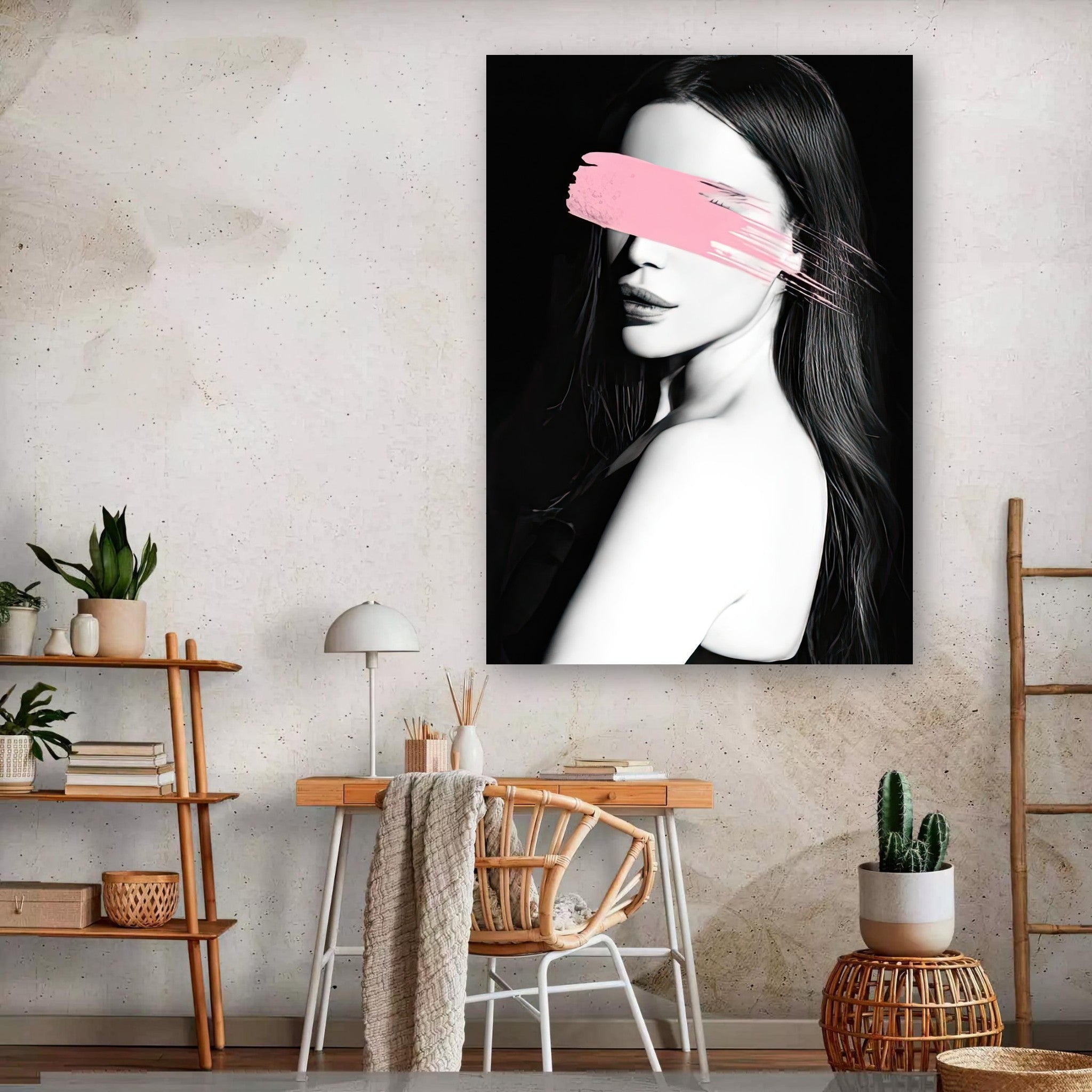 Pink Blindness metal print featuring a monochrome portrait with a vibrant pink brushstroke, displayed in a stylish interior.