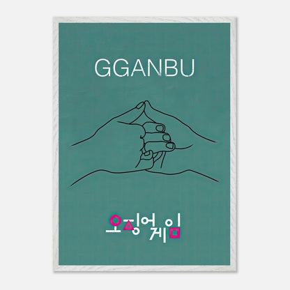 GGANBU Squid Game fine art print featuring two hands making a pinky promise on a teal background.