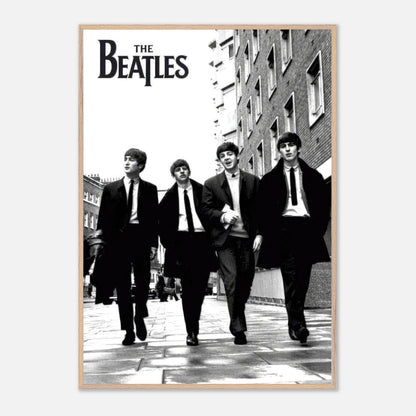 The Beatles fine art print in black and white, showcasing iconic band members walking together, museum quality Giclée reproduction.
