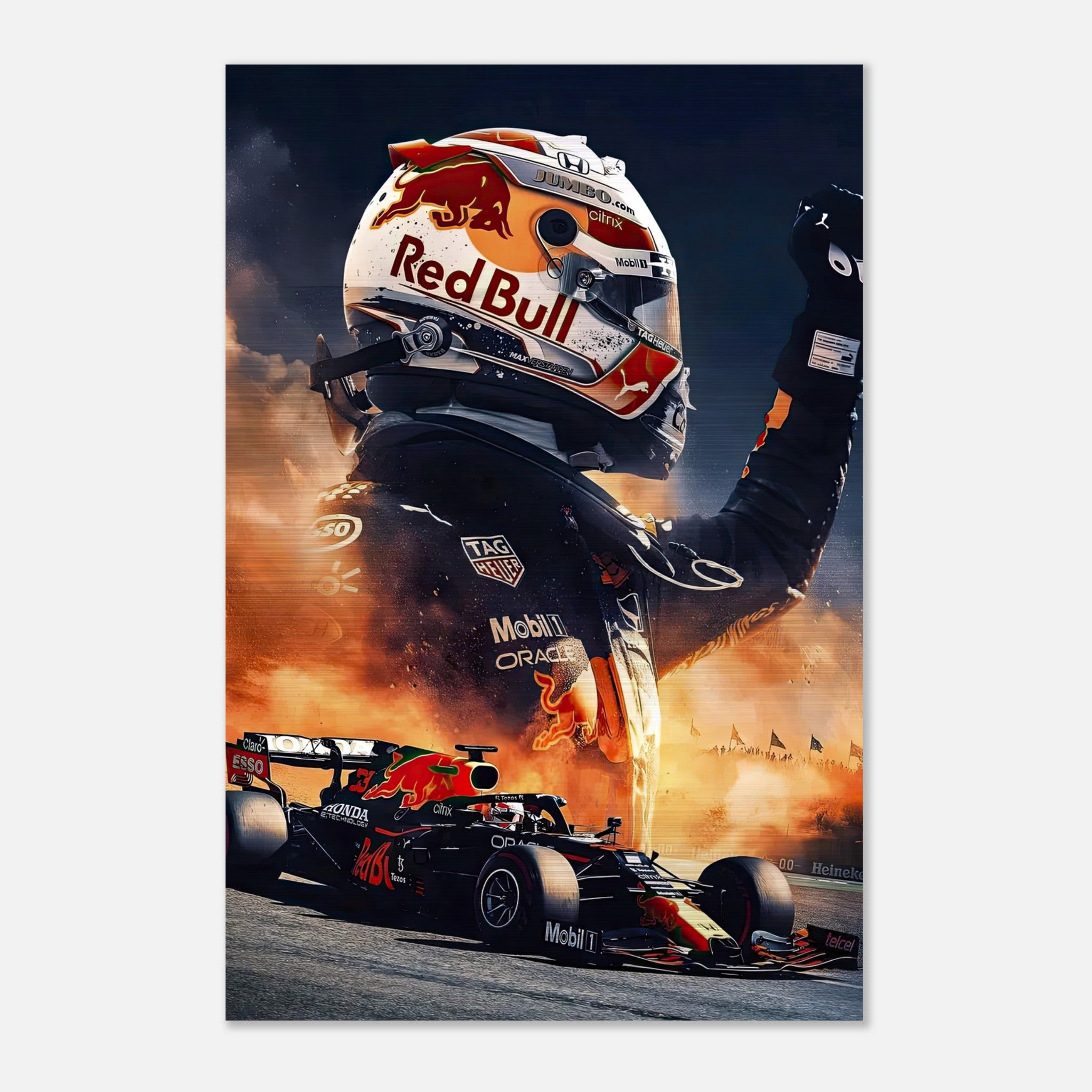 Max Verstappen Red Bull artwork on brushed metal featuring a dynamic F1 driver in action with a striking background.