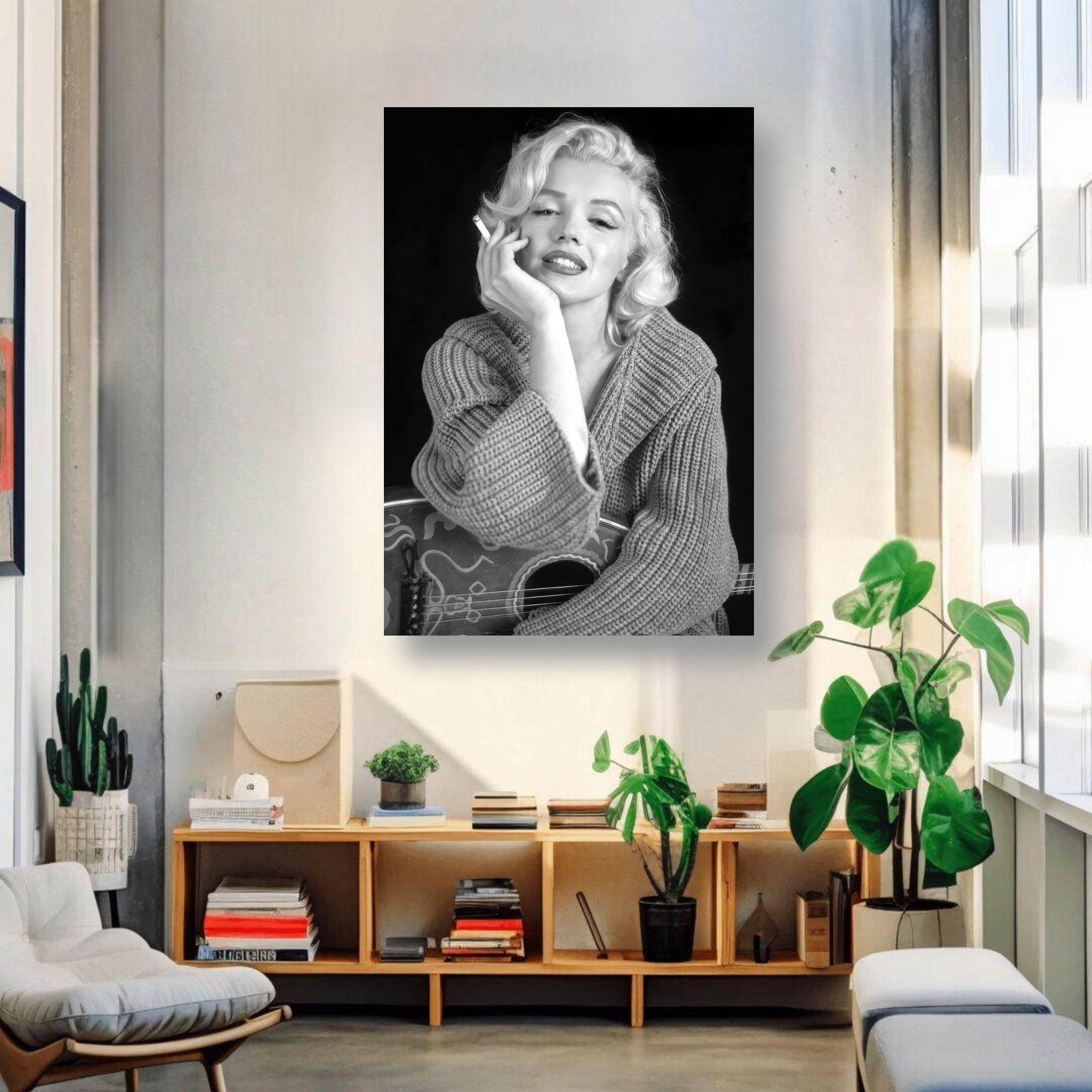 Marilyn Monroe smoking metal print displayed in a stylish living room, showcasing Hollywood glamour and timeless elegance.