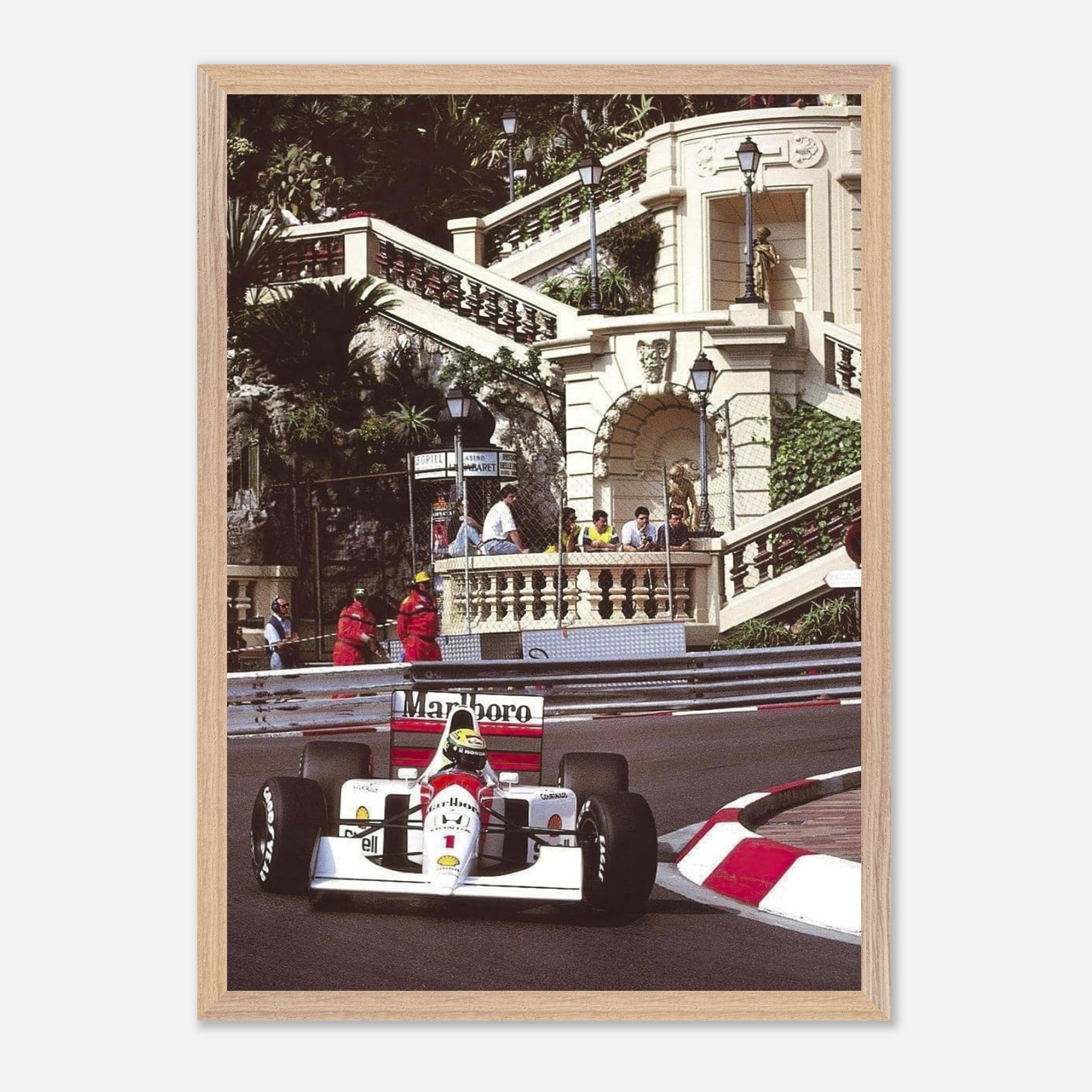 Framed fine art print of Ayrton Senna racing in Monaco, showcasing vibrant details and stunning archival quality.