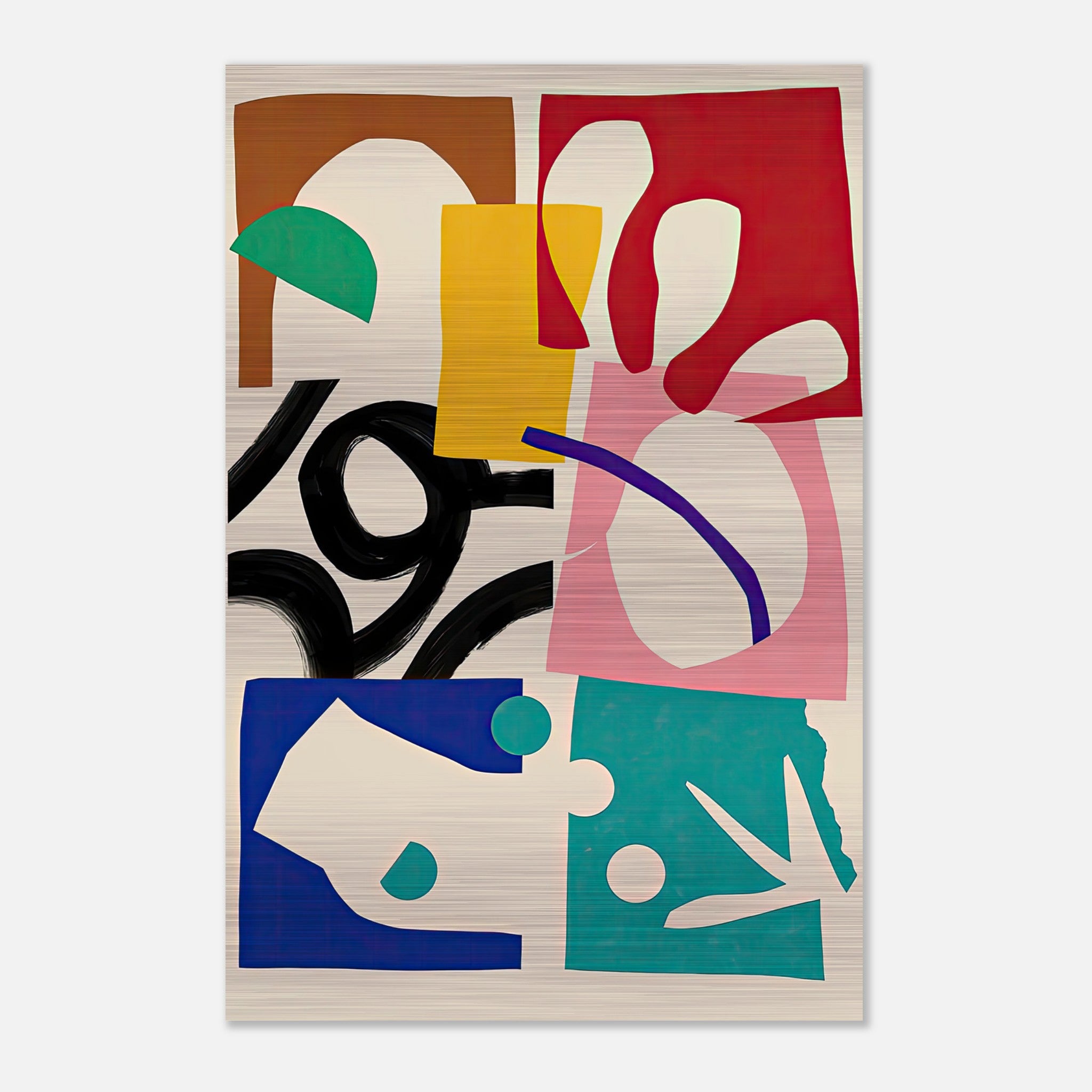 Abstract Harmony Brushed Metal artwork featuring bold geometric shapes and vibrant colors on sleek brushed metal.