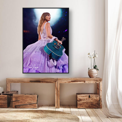 Taylor Swift framed poster in lavender gown with guitar, perfect for fans of Taylor Swift prints and decor.