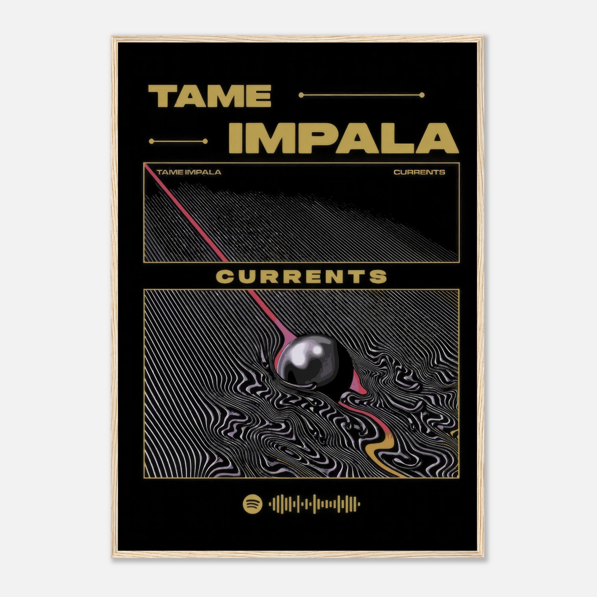 Tame Impala Currents framed poster featuring vibrant psychedelic artwork and gold lettering. Ideal for music and art lovers.