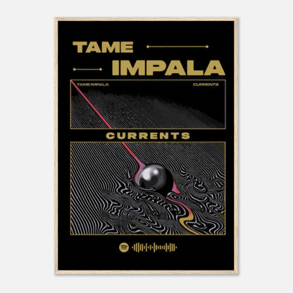 Tame Impala Currents framed poster featuring vibrant psychedelic artwork and gold lettering. Ideal for music and art lovers.