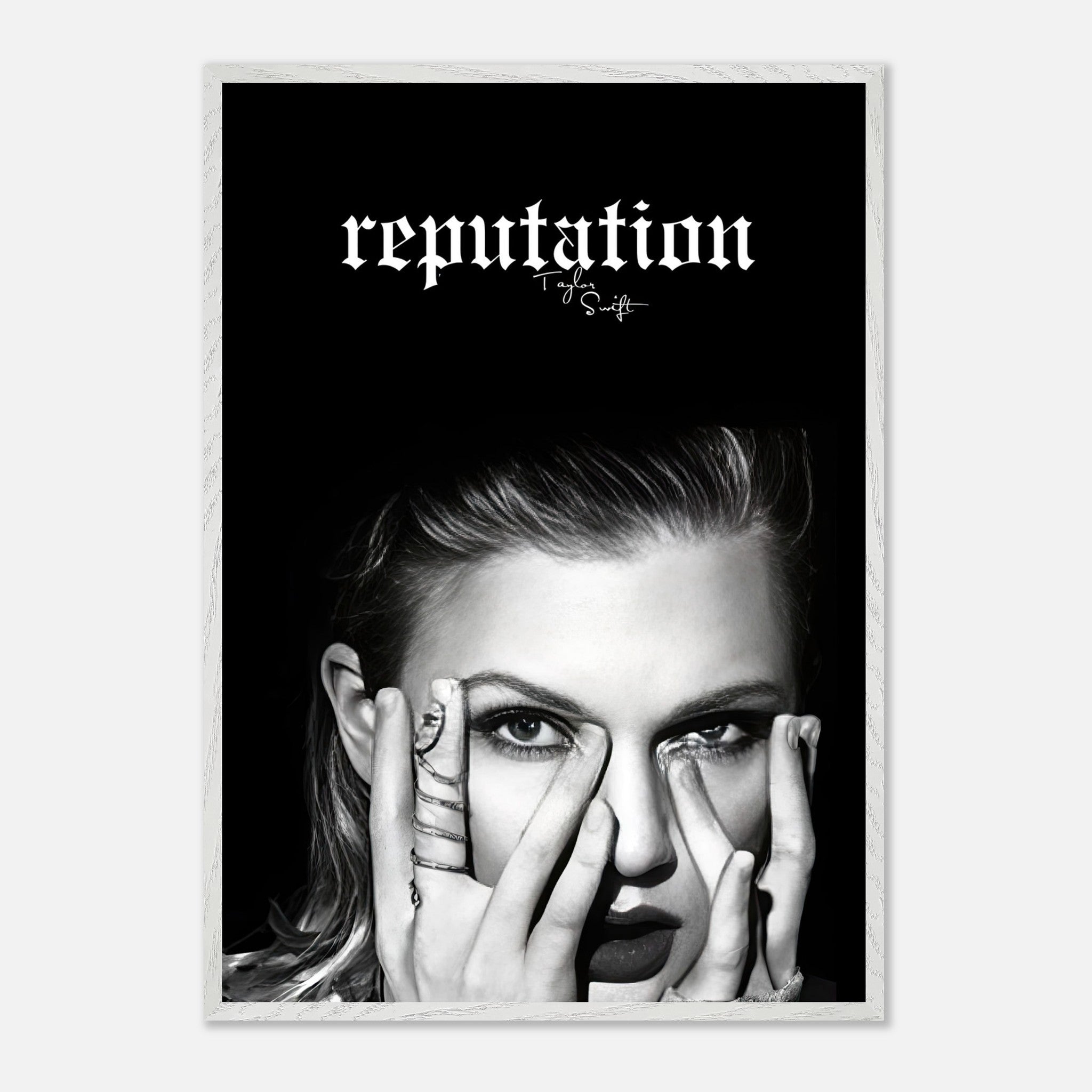 Vintage framed print of Taylor Swift's *Reputation* album featuring a monochrome portrait and bold logo.