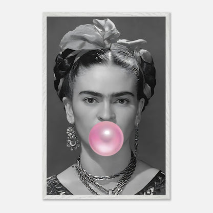 Frida Kahlo vintage black-and-white art with bubble gum, framed in a classic style. Perfect for modern decor enthusiasts.