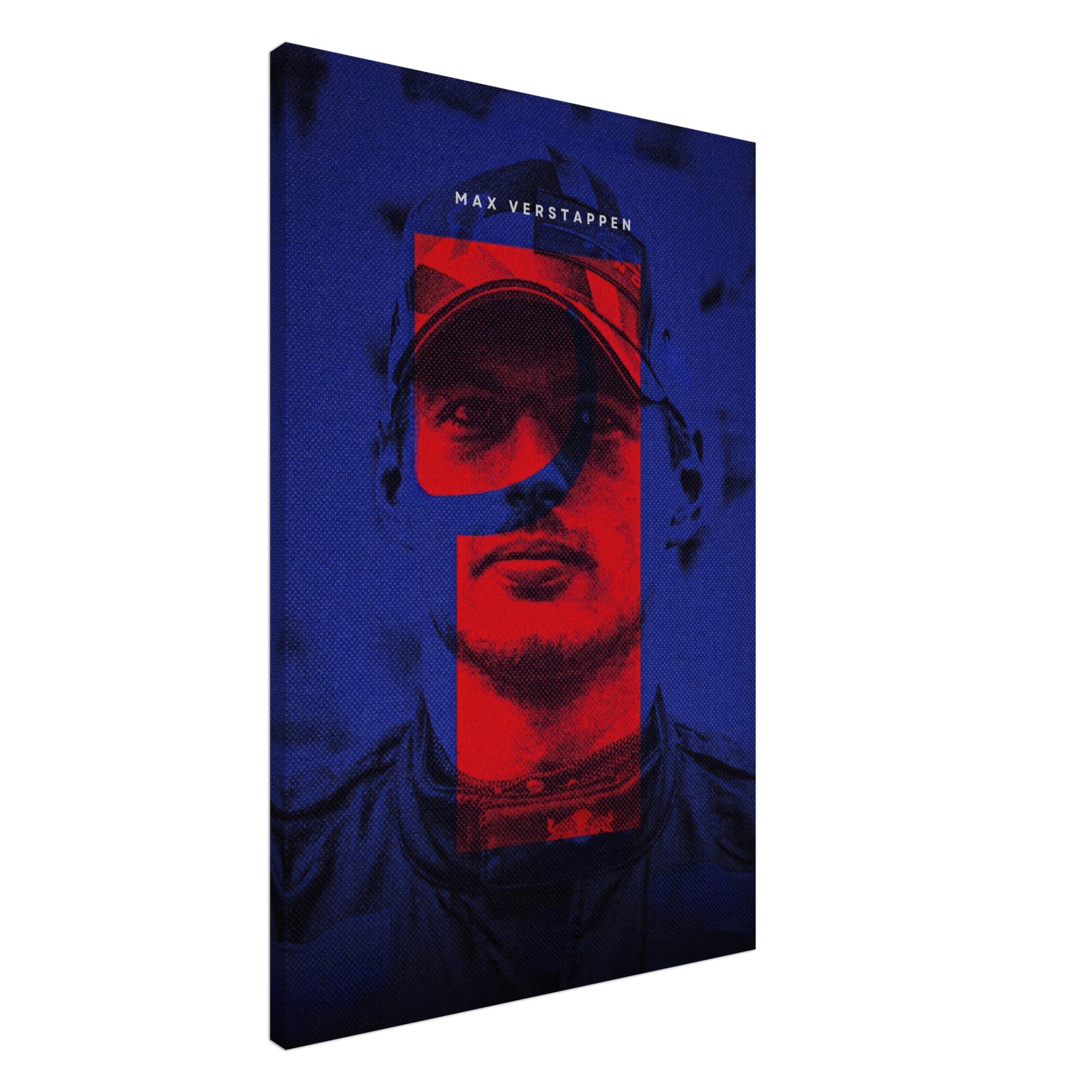 Max Verstappen canvas print featuring a bold, dynamic design in red and blue, perfect for F1 fans and modern decor.