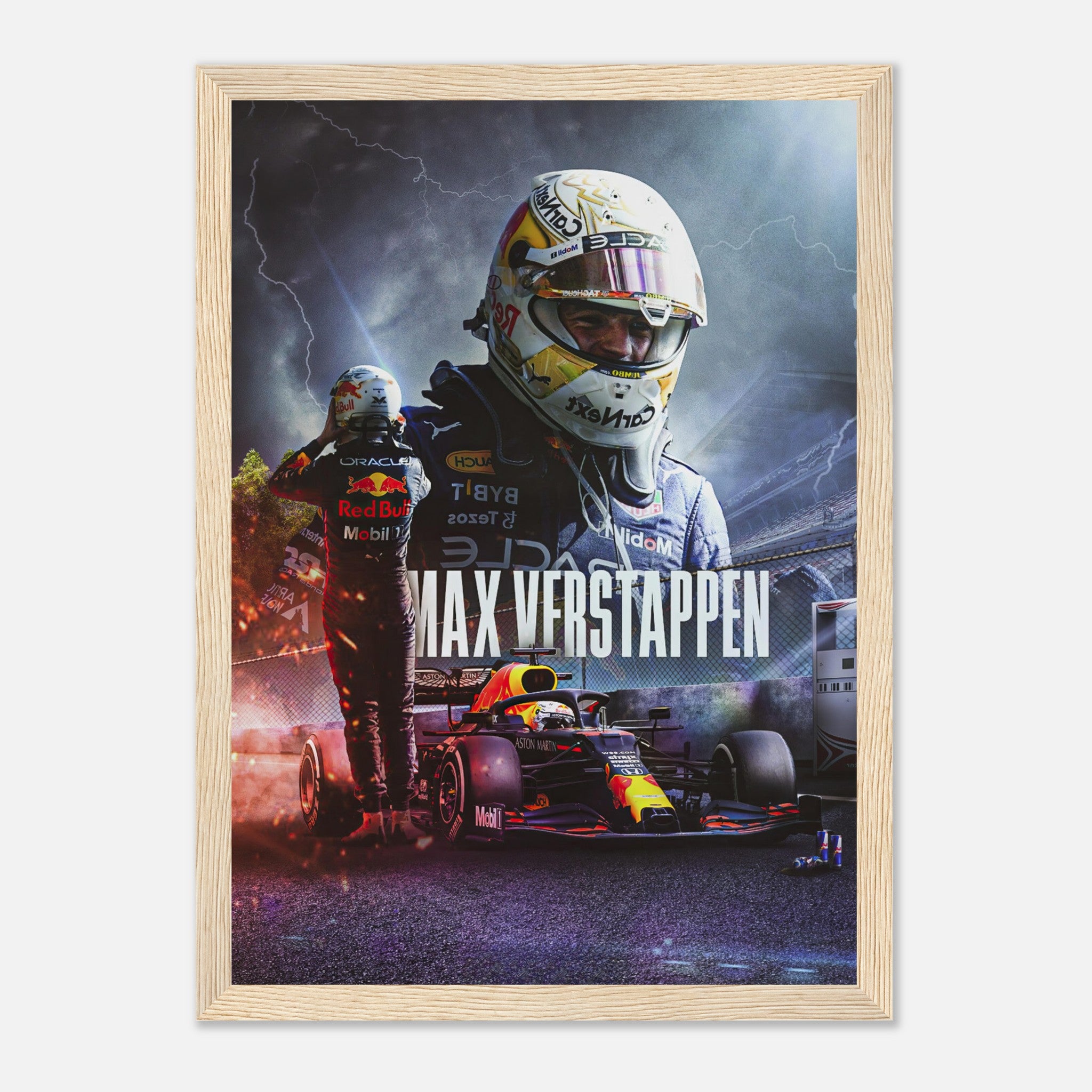 Max Verstappen framed print featuring vibrant artwork of the F1 racer and Red Bull Racing car, perfect for fans.