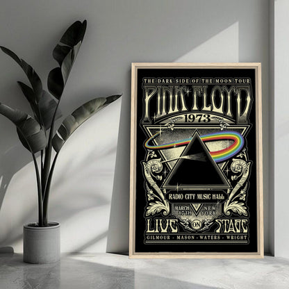 Pink Floyd - The Dark Side of the Moon 1973 framed print featuring iconic prism artwork and concert details.