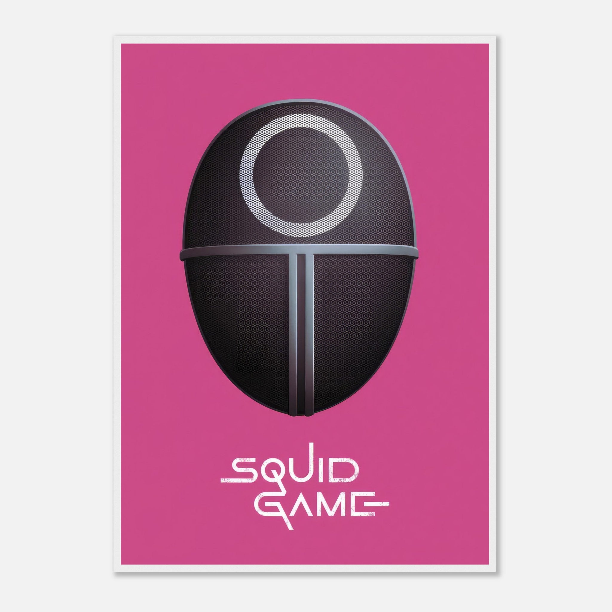 Squid Game Guard Mask Framed Print on pink background, featuring iconic mask design; perfect for fans of the Netflix series.