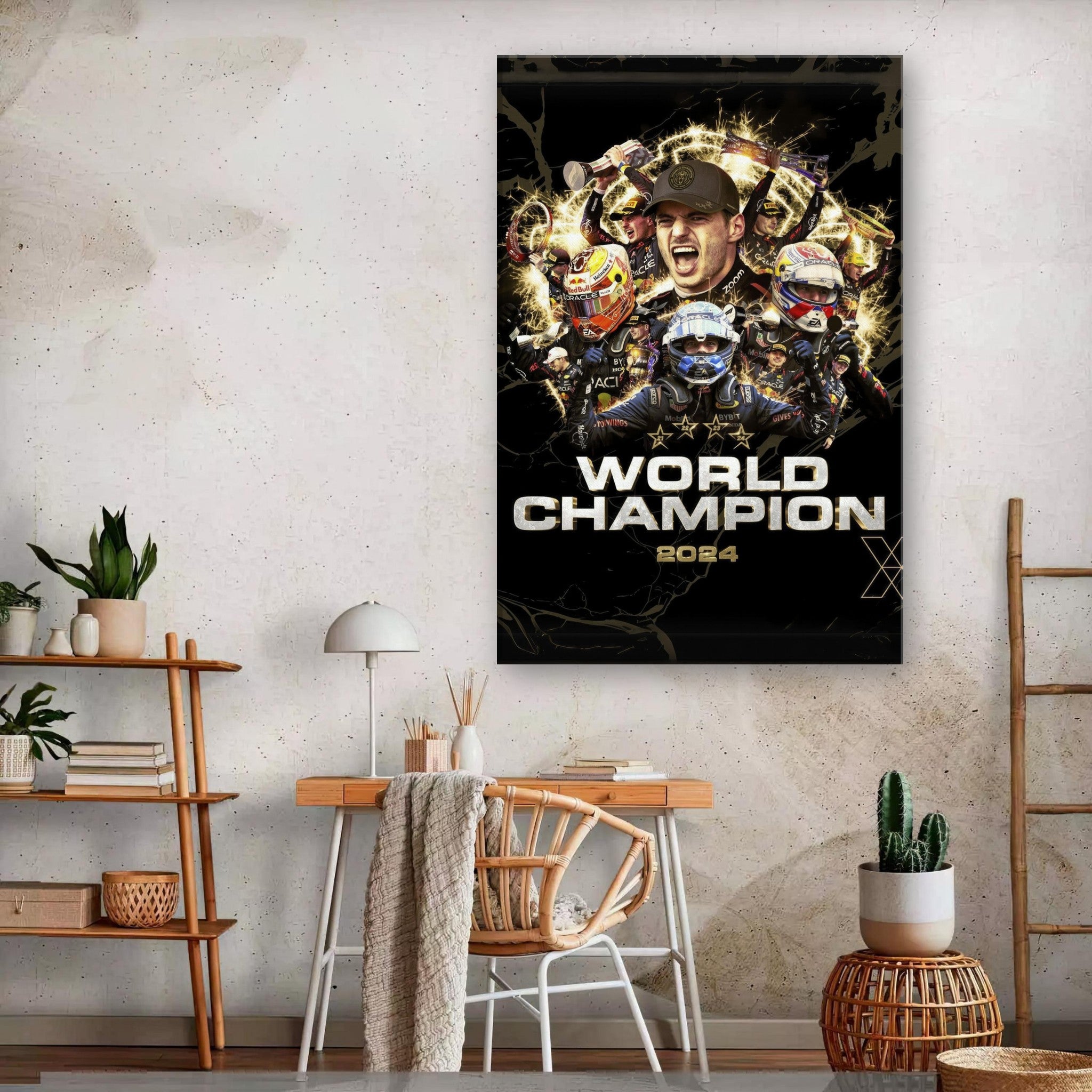 Max Verstappen 2024 F1 World Champion canvas print featuring dynamic racing design and vibrant colors.