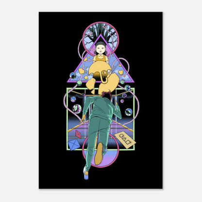 Doll Squid Game metal print featuring vibrant artwork on a sleek black background, perfect for dramatic wall decor.