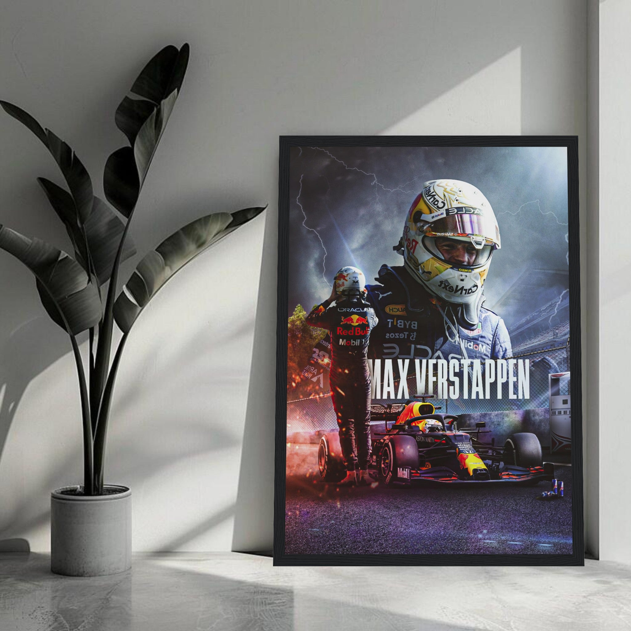 Max Verstappen Red Bull Racing framed print showcasing dynamic Formula 1 artwork in a stylish setting.