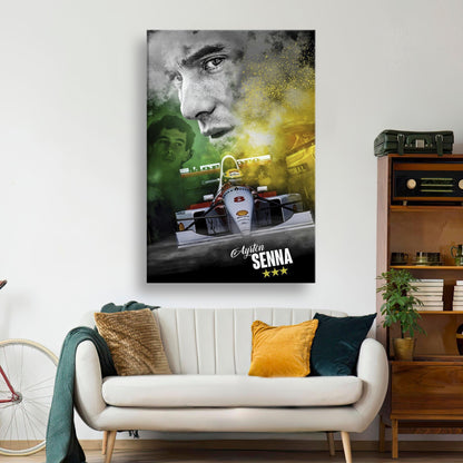 Ayrton Senna McLaren canvas print featuring a dynamic image of the F1 legend in action, showcasing his iconic racing gear.