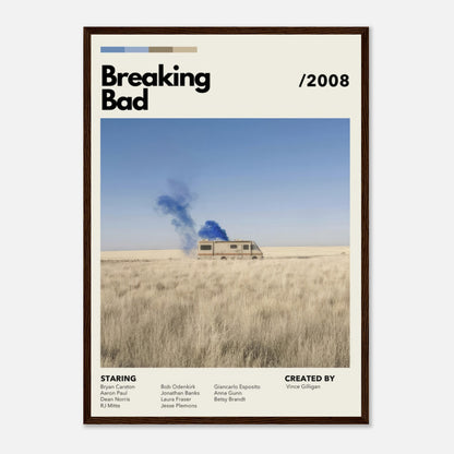 Vintage Breaking Bad framed print featuring RV and blue smoke in a desert landscape, inspired by the iconic show.