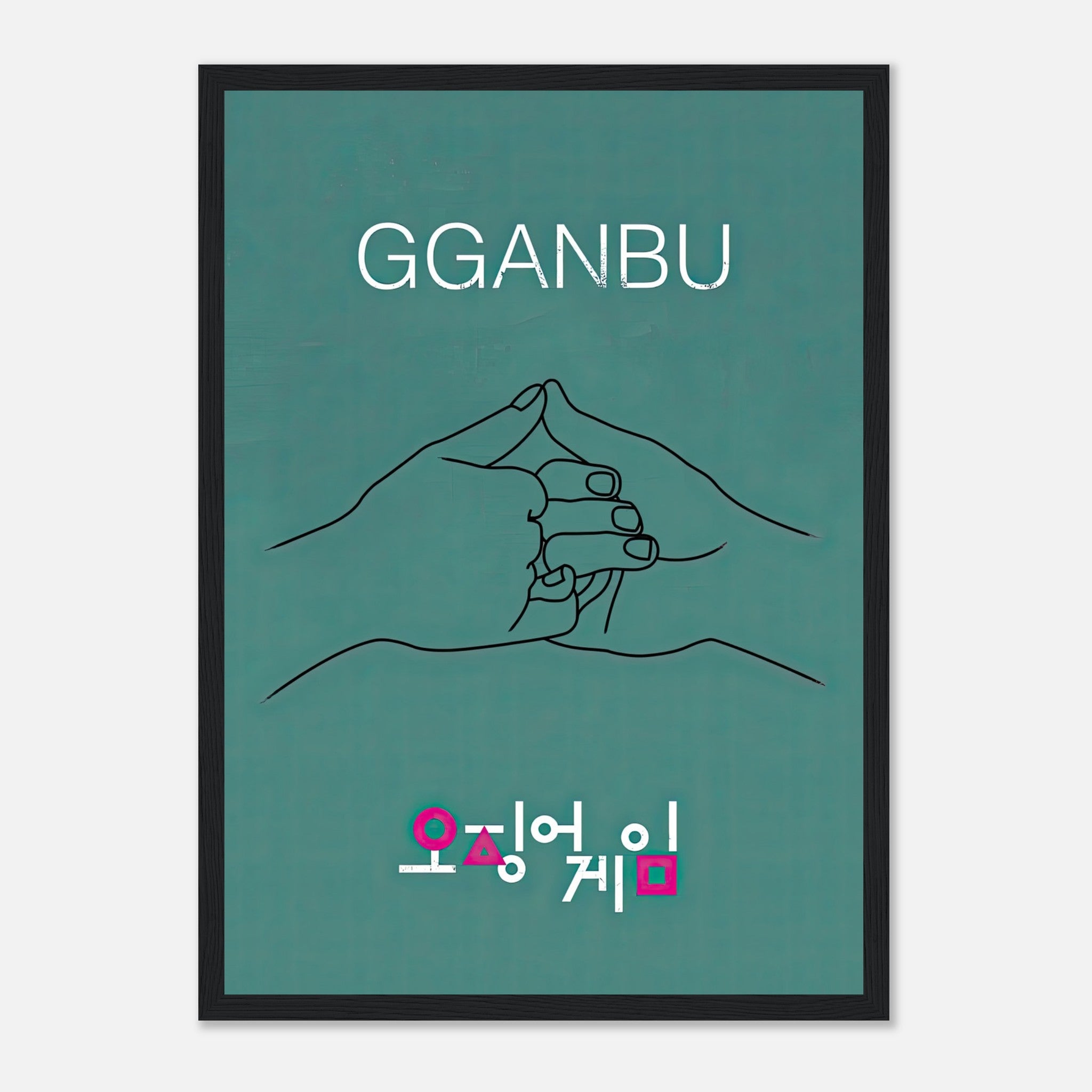 GGANBU Squid Game framed print showcasing the iconic handshake design on a teal background.