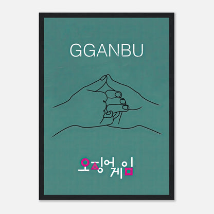 GGANBU Squid Game framed print showcasing the iconic handshake design on a teal background.