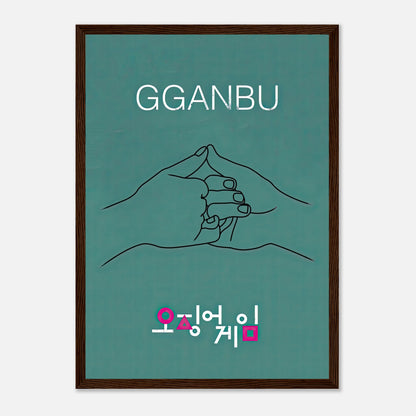 GGANBU Squid Game framed print featuring minimalist design of the iconic Gganbu handshake on teal background.