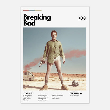 Retro Breaking Bad poster featuring Walter White in desert attire, showcasing vintage style and iconic TV history.