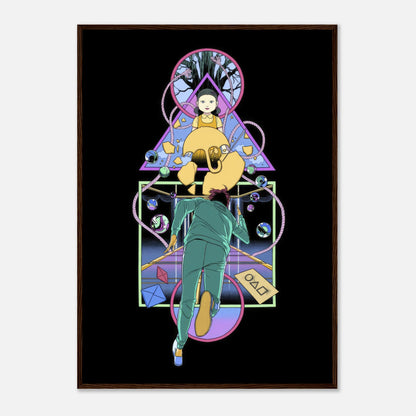 Framed print of the Doll from Squid Game, showcasing vibrant colors and intense imagery. Perfect for fans of the series.