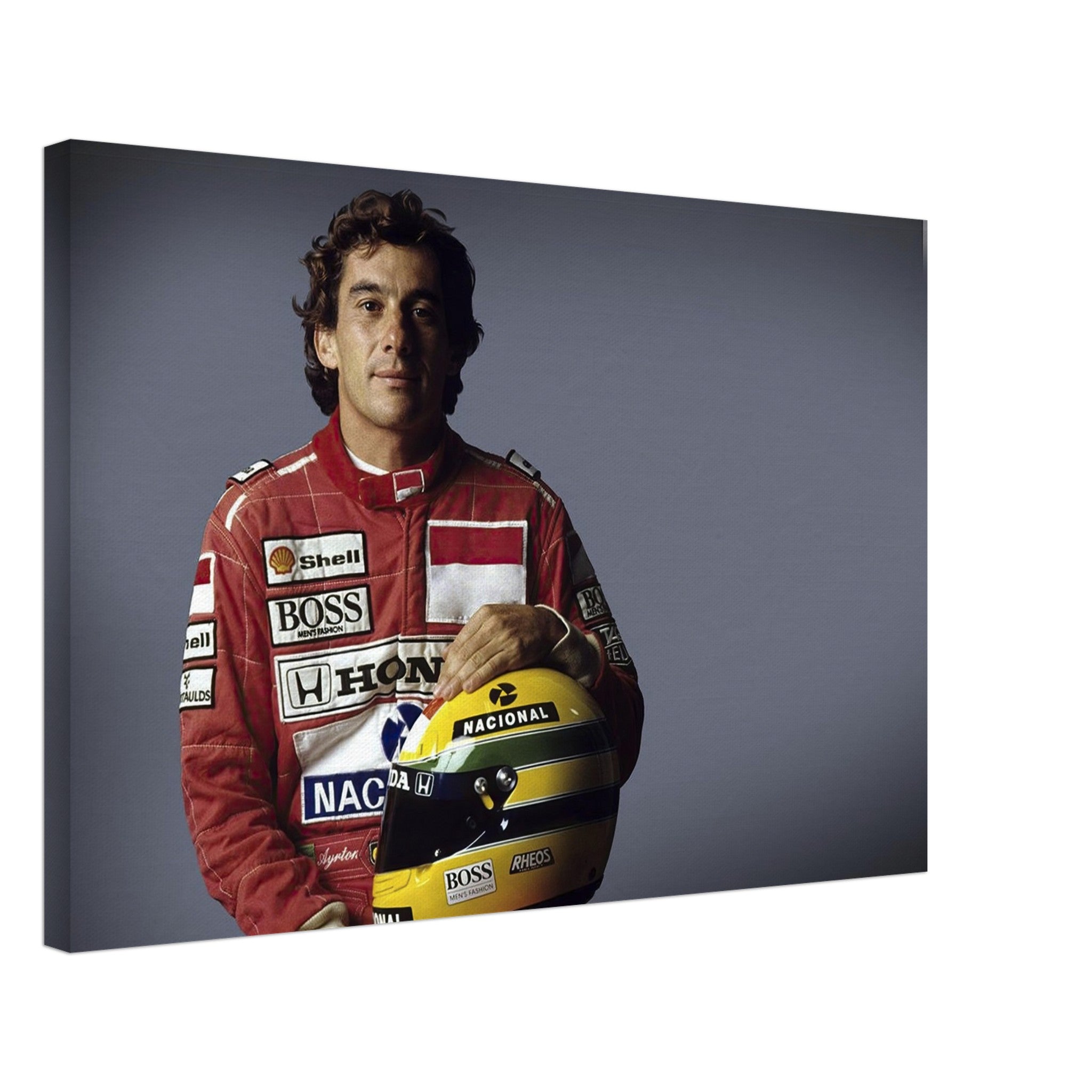 Ayrton Senna canvas print featuring the legendary racer holding his helmet, showcasing vibrant colors and modern design.