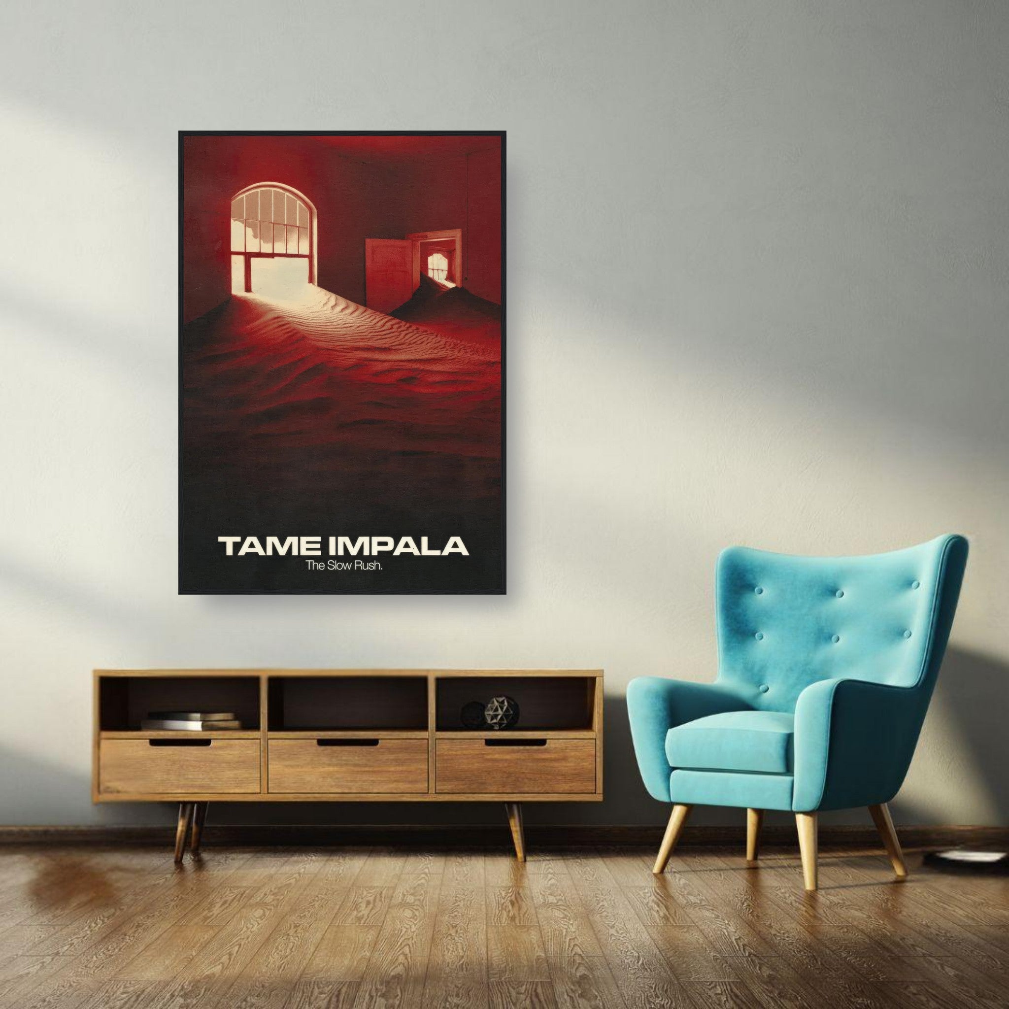 Framed print of Tame Impala's The Slow Rush artwork displayed in a stylish living room setting.