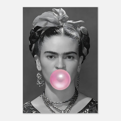 Frida Kahlo bubble gum poster featuring iconic artist blowing bubble in pink with elegant accessories and hairstyle.