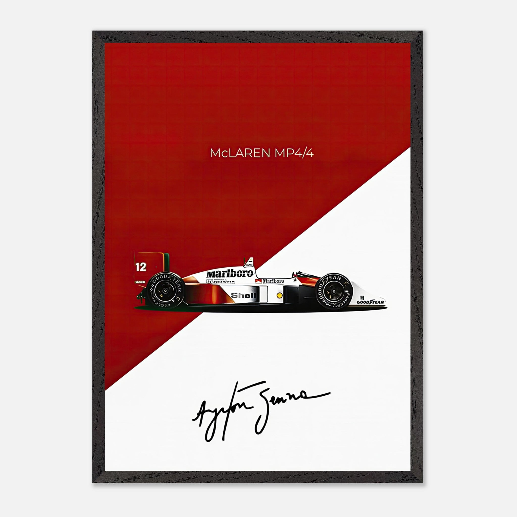 Ayrton Senna McLaren MP4/4 vintage framed print with red and white design and signature.