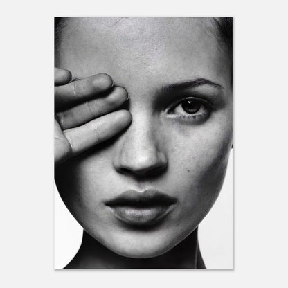 Kate Moss black and white photography poster featuring a close-up of her face with a hand partially covering her eye.