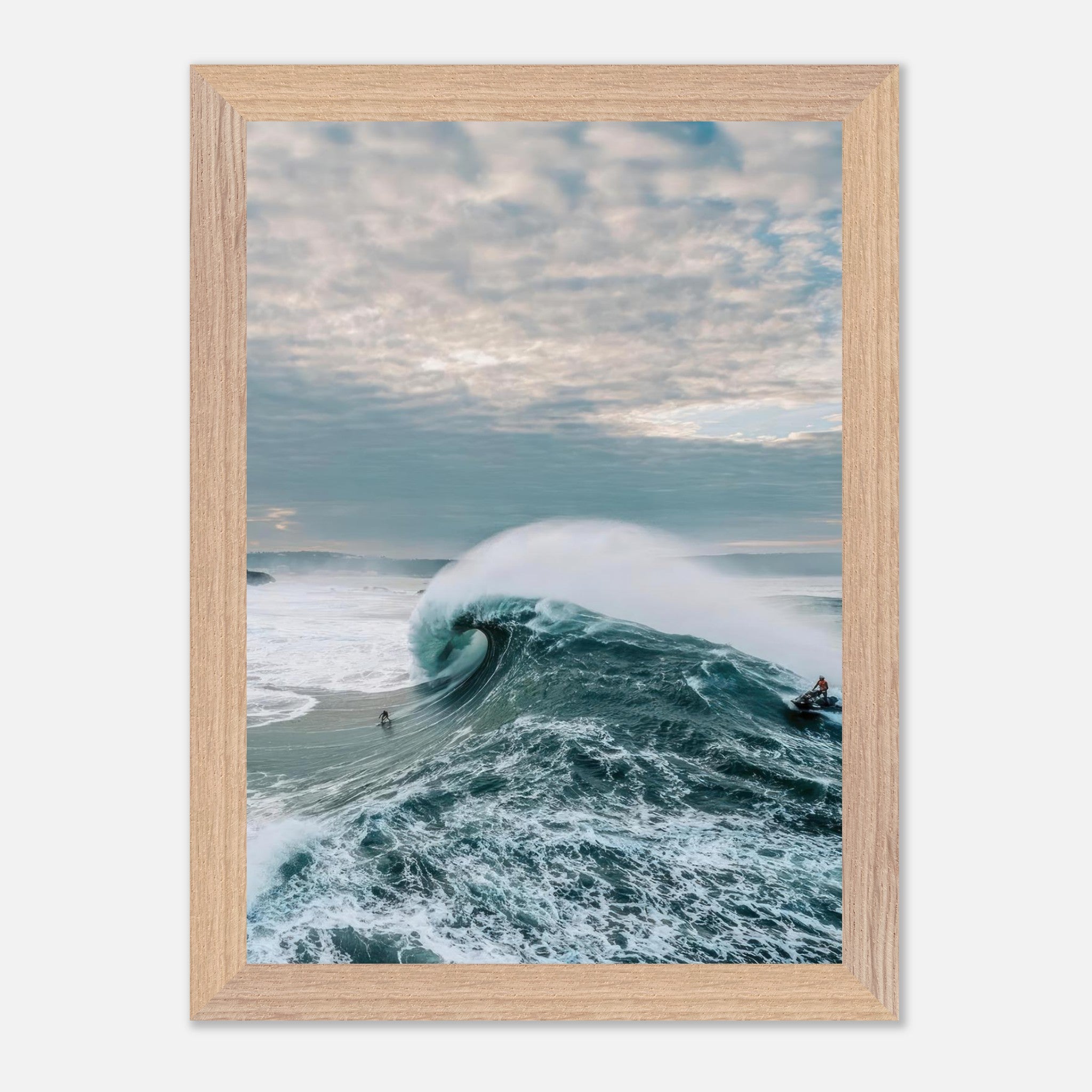 Big Wave Surfing Vintage Framed Print featuring a surfer riding a massive wave under a moody sky.