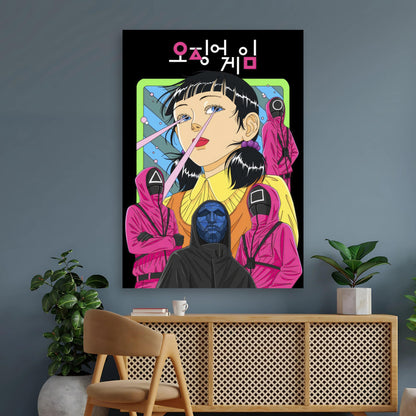 Squid Game Netflix poster featuring iconic characters and vibrant colors in a stylish room setting.