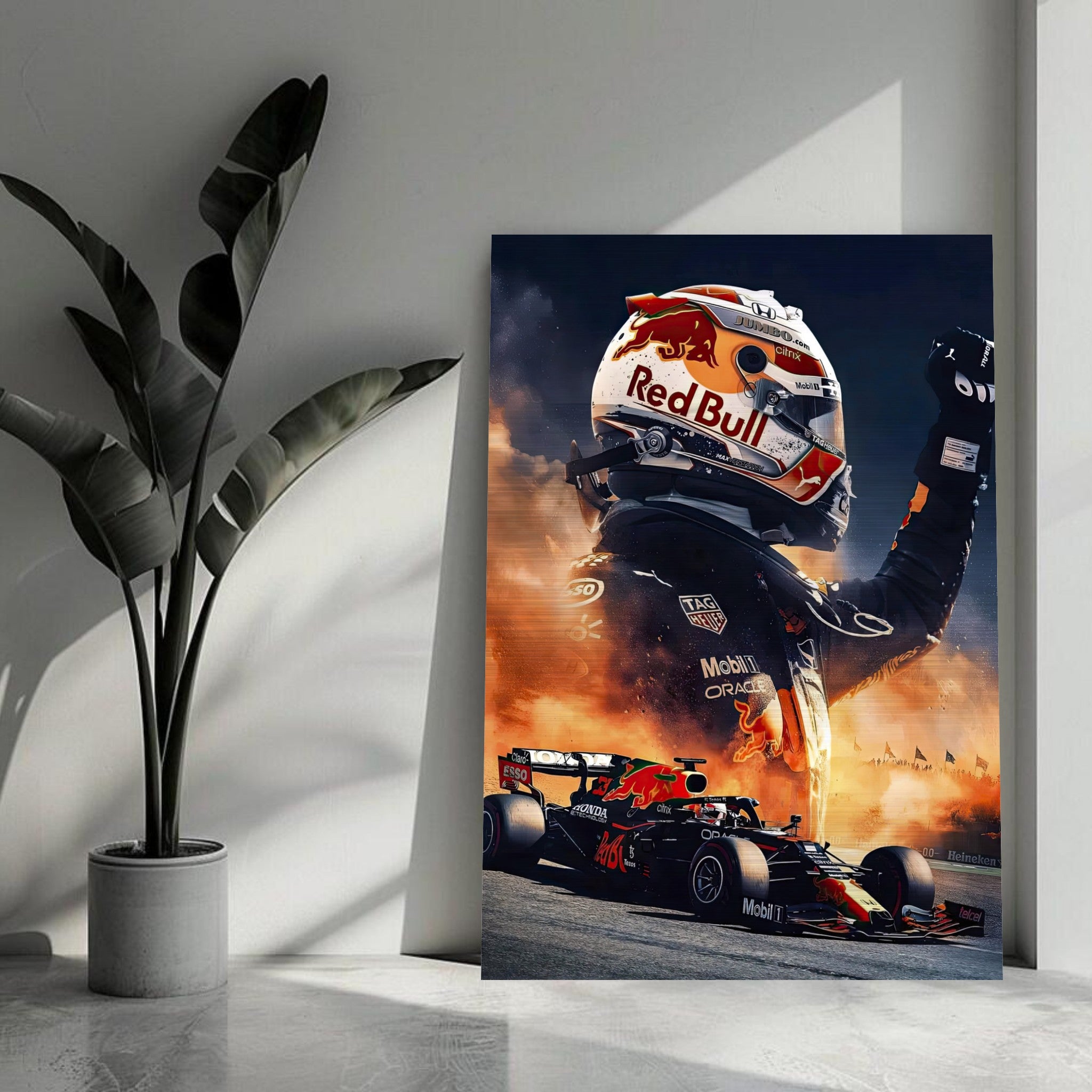 Max Verstappen Red Bull brushed metal print showcasing F1 dominance in a modern interior setting.