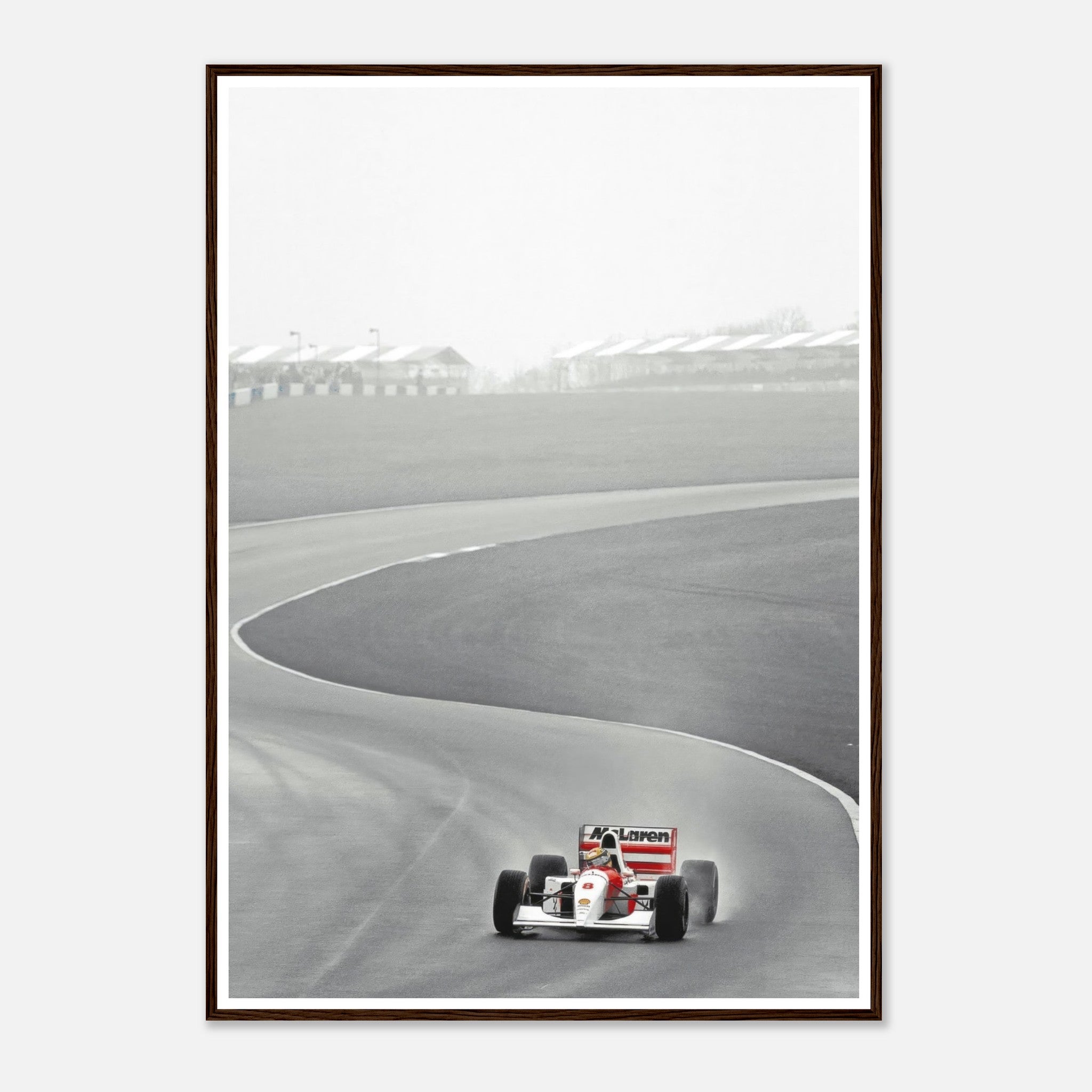 1988 Ayrton Senna McLaren MP4/4 framed print in black and white, capturing iconic racing moments on the track.