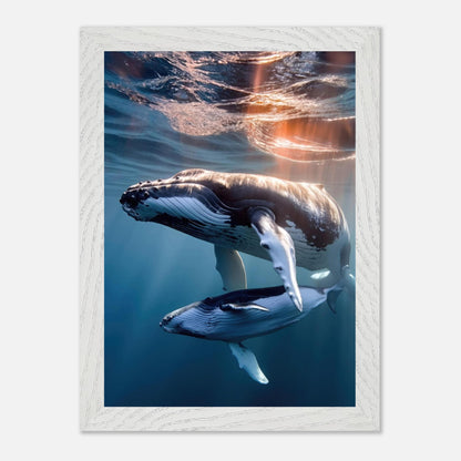Underwater photography print of a humpback whale and calf in a vintage frame, showcasing ocean beauty.