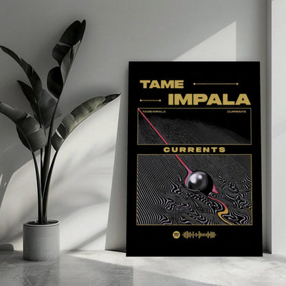 Tame Impala Currents metal poster showcasing bold colors and swirling designs, perfect for music fans and home decor.