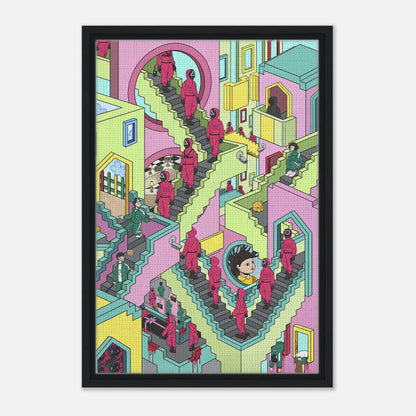 Squid Game Stairs Framed Canvas Print with intricate staircases, vibrant colors, and masked characters navigating a surreal maze.