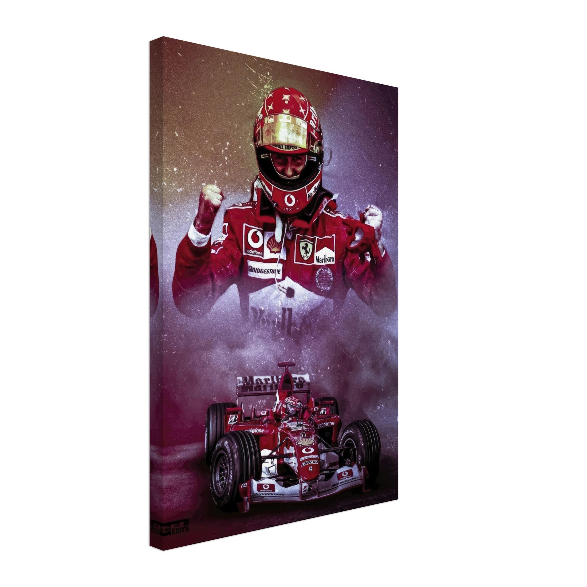 Stunning canvas of Michael Schumacher in Ferrari gear, celebrating his iconic racing career and triumphs in Formula 1.