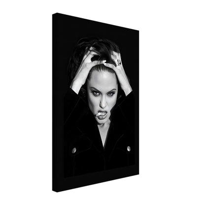 Angelina Jolie black-and-white canvas art featuring a striking portrait with an edgy and sophisticated aesthetic.