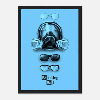 Minimalist Breaking Bad poster featuring Walter White's gas mask and glasses on a bold blue background.