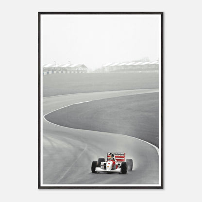 1988 Ayrton Senna McLaren MP4/4 framed giclée fine art print on racetrack, capturing the thrill of Formula 1 racing.