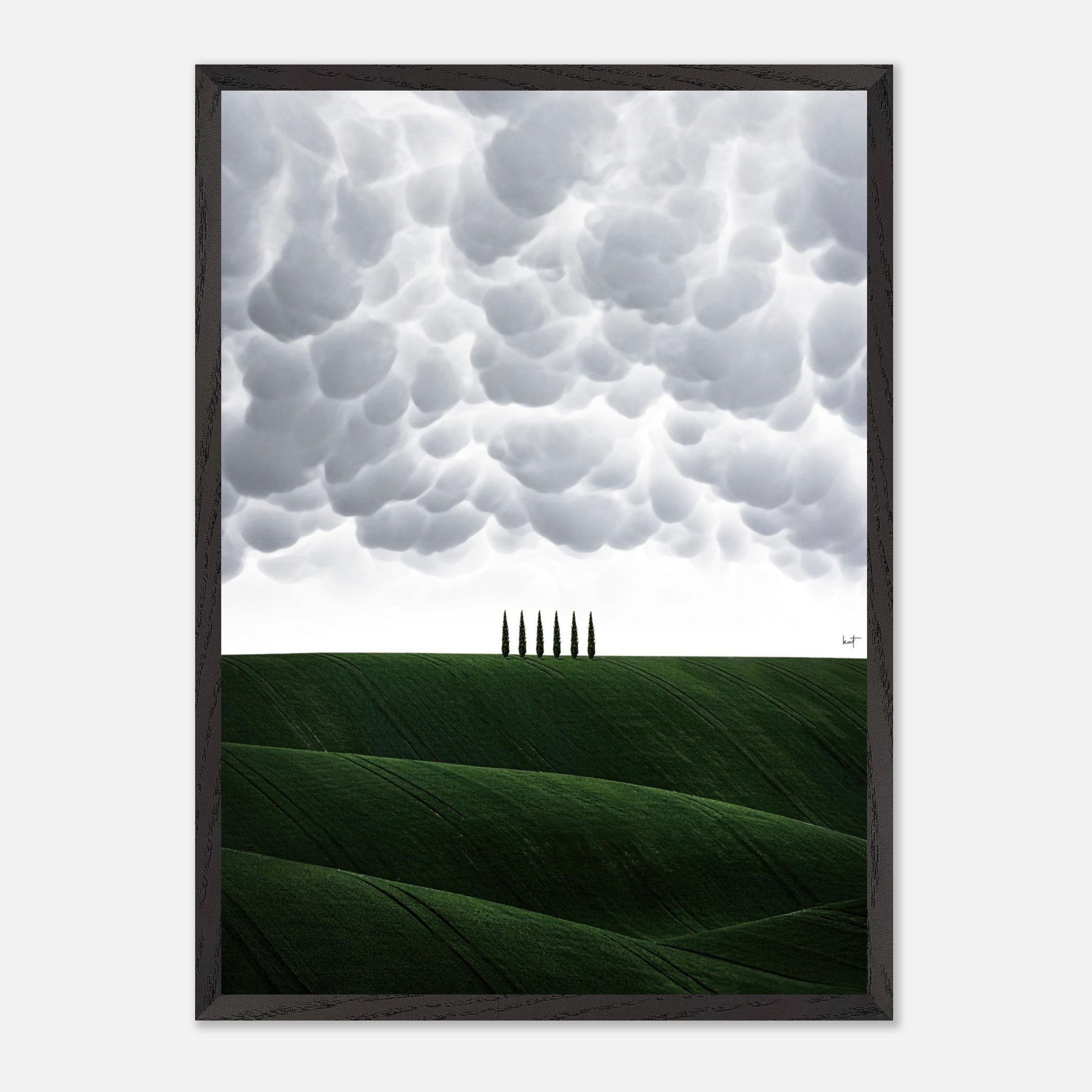 Vintage framed art of Tuscany featuring rolling green hills and cypress trees under a dramatic cloudy sky.