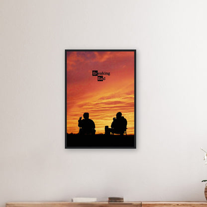 Breaking Bad framed poster featuring Walter White and Jesse Pinkman silhouetted against a colorful sunset.